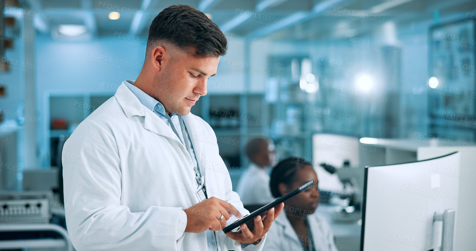 Buy stock photo Man, medical or scientist in laboratory with tablet, update and gene editing in biotech experiment. Reading, innovation breakthrough or touchscreen with science report, test or DNA research results