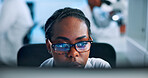 Glasses, science and computer with woman in laboratory for biomedical research, gene editing and healthcare innovation. Medical breakthrough, dna code and genome project with person for biotech data