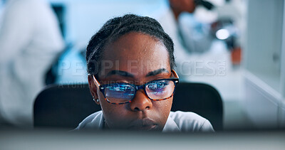 Buy stock photo Glasses, science and computer with woman in laboratory for biomedical research, gene editing and healthcare innovation. Medical breakthrough, dna code and genome project with person for biotech data