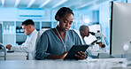 Woman, medical or data scientist in lab with tablet, news and gene editing in biotech experiment. Check, innovation breakthrough or reading update with science report, test or DNA research results