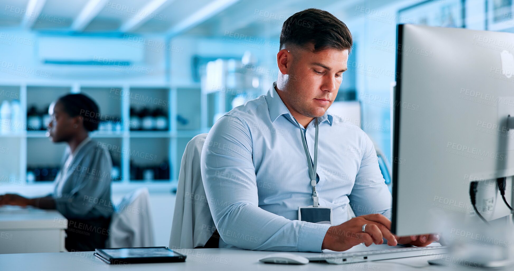 Buy stock photo Science, laboratory and man on computer for online research, analysis and medical report. Healthcare, clinic administrator and person on pc for planning experiment, pharmaceutical study and results