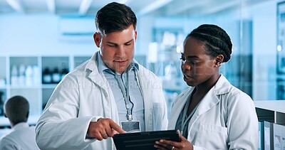 Buy stock photo Science, meeting and people on tablet in lab with medical results, research report and planning. Healthcare, pharmaceutical and scientist on digital tech for online review, feedback and teamwork