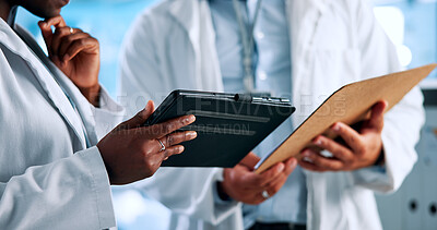 Buy stock photo Science, hands and people on tablet in lab with clipboard for results, medical research and planning. Healthcare, pharmaceutical and scientist on digital tech for online review, feedback and teamwork