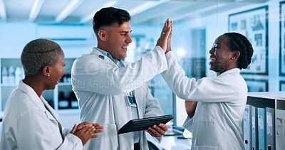 Buy stock photo Science, high five and people on tablet in laboratory celebrate for results, breakthrough and medical progress. Healthcare, pharmaceutical and scientists on tech for research, discovery and success
