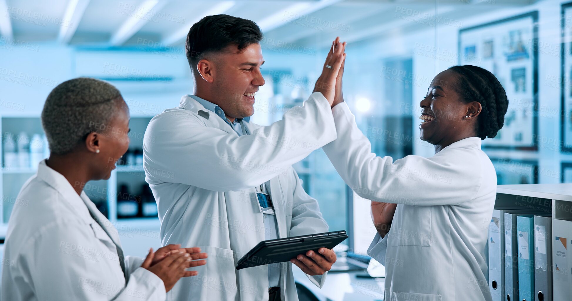 Buy stock photo Science, high five and people on tablet in laboratory celebrate for results, breakthrough and medical progress. Healthcare, pharmaceutical and scientists on tech for research, discovery and success