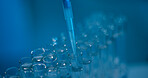Science, chemical and pipette with test tubes in laboratory for drug screening, enzyme analysis or healthcare research. Medical study, cell culture and formula with closeup of vials for dna sample