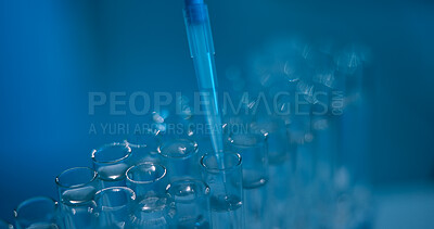 Buy stock photo Science, chemical and pipette with test tubes in laboratory for drug screening, enzyme analysis or healthcare research. Medical study, cell culture and formula with closeup of vials for dna sample