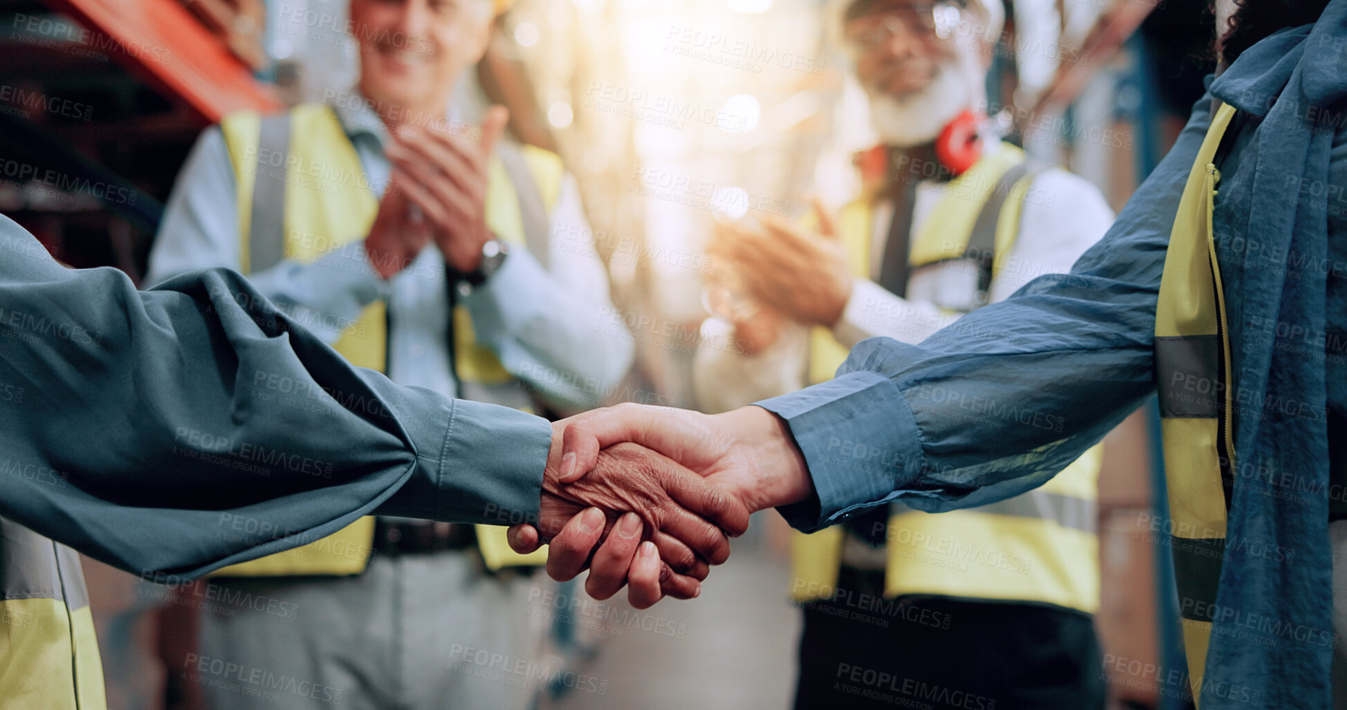 Buy stock photo Warehouse, logistics deal and people with handshake for agreement, applause or partnership. Shipping team, collaboration or workers shaking hands for supply chain, distribution or thank you for stock