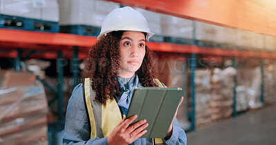 Buy stock photo Warehouse, tablet and woman in logistics inventory checking boxes, shelf and stock management in distribution. Search, digital app and plant worker in cargo storage, global export and supply chain
