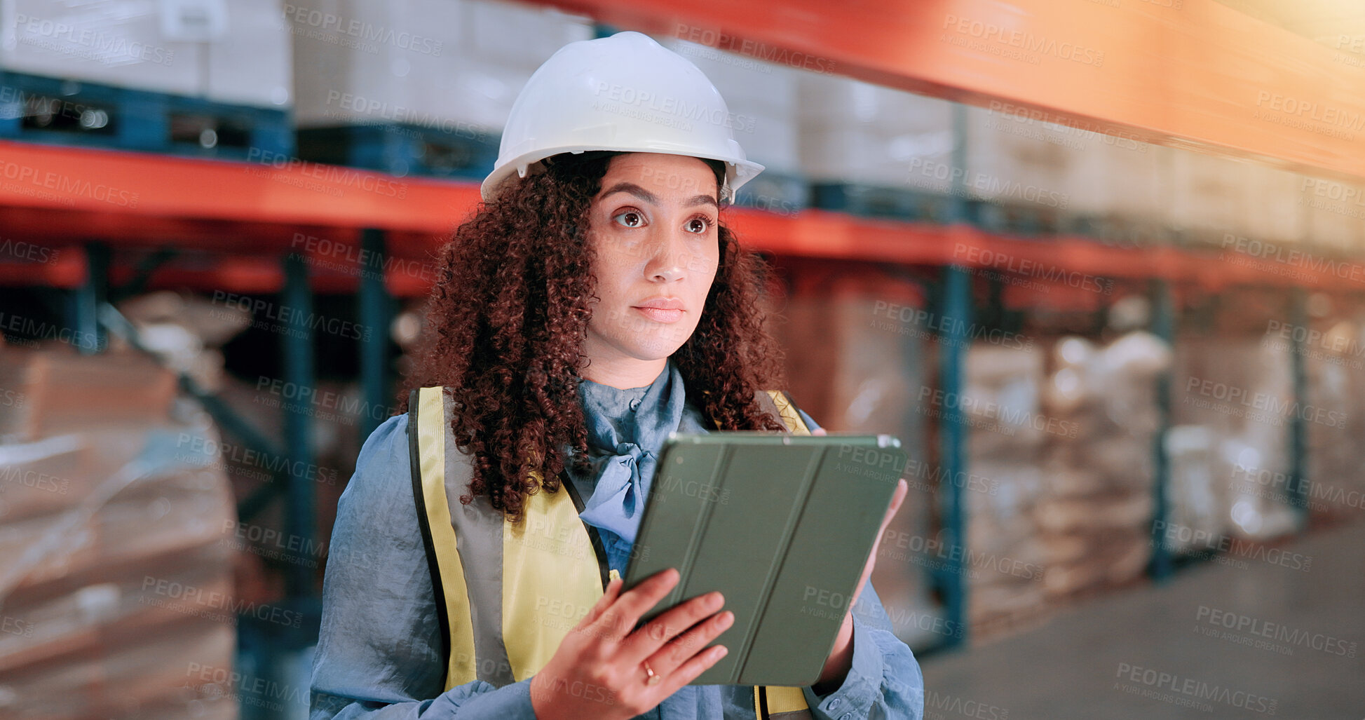 Buy stock photo Warehouse, tablet and woman in logistics inventory checking boxes, shelf and stock management in distribution. Search, digital app and plant worker in cargo storage, global export and supply chain
