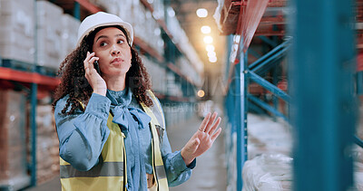Buy stock photo Woman, phone call and talk at warehouse for supply chain with deal for order, networking or job at distribution center. Person, smartphone and logistics by shelf, shipping or contact at storage plant