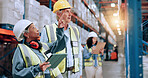 Warehouse, team and tablet for stock storage, inventory planning and mature supervisor pointing at shelf. Shipping, engineer and people with technology for supply chain, distribution or logistics