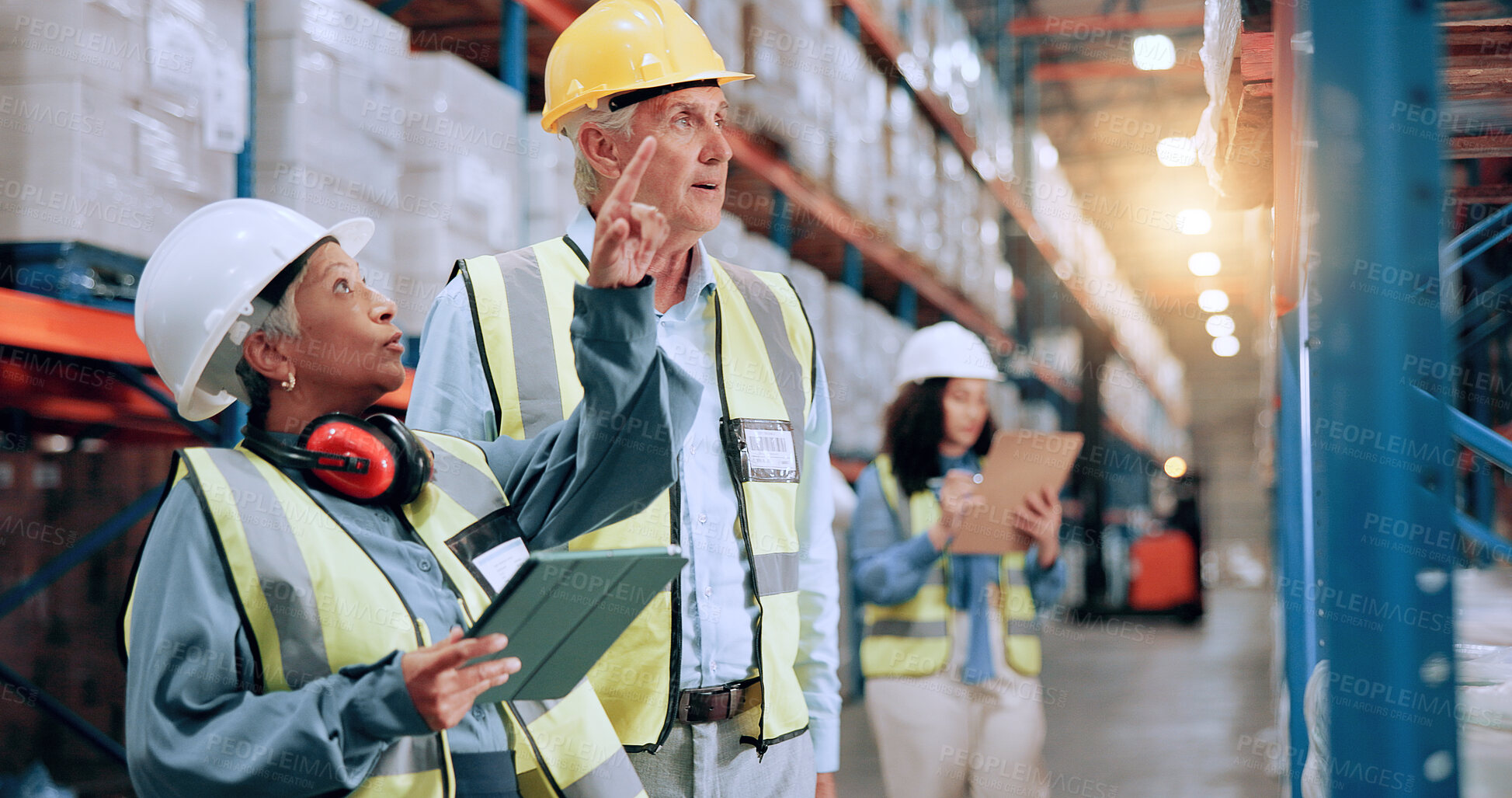 Buy stock photo Warehouse, team and tablet for stock storage, inventory planning and mature supervisor pointing at shelf. Shipping, engineer and people with technology for supply chain, distribution or logistics