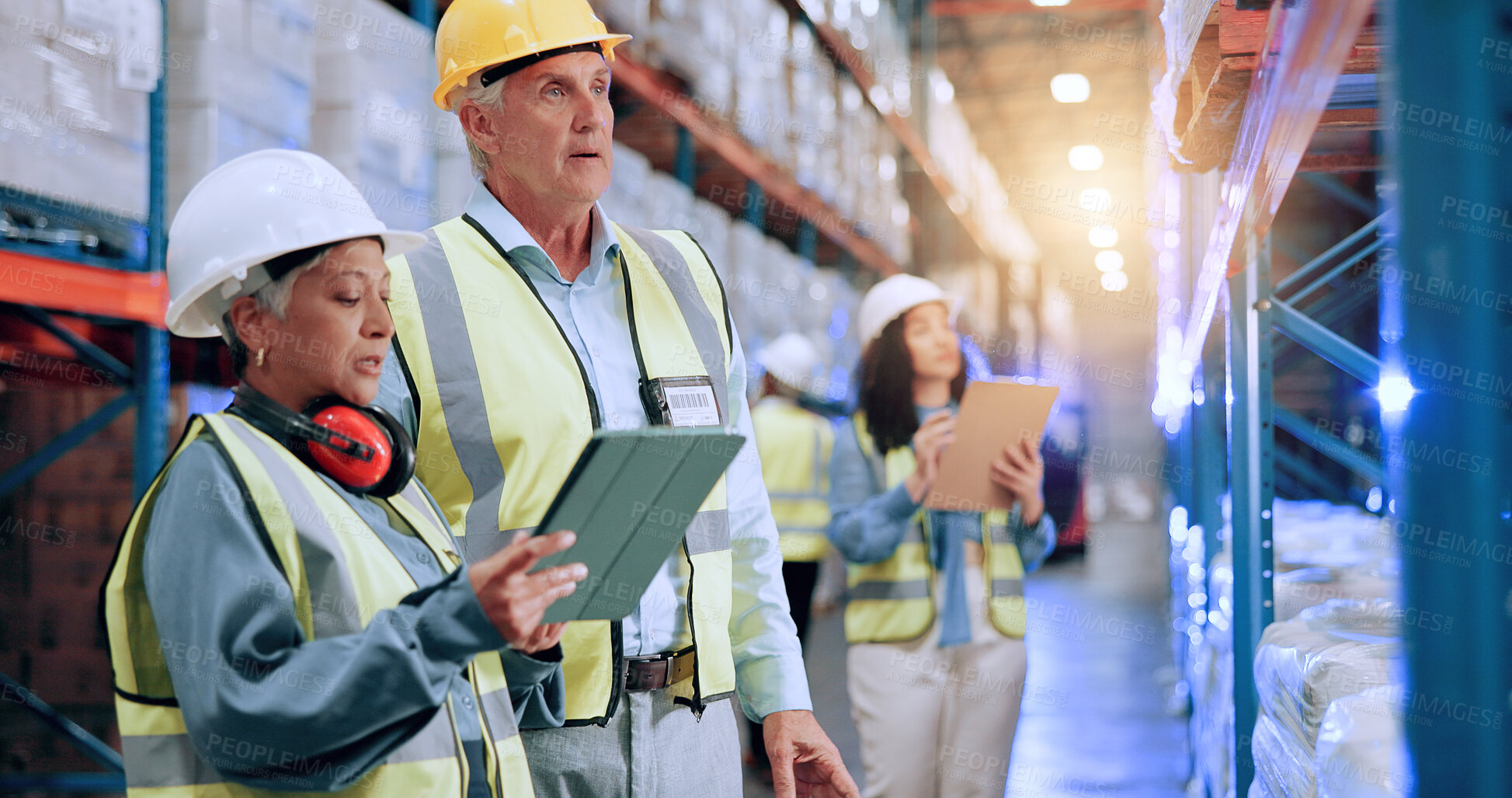 Buy stock photo Warehouse, logistics team and tablet for stock, inventory management or storage planning with mature supervisor. Shipping, engineer and people with technology for supply chain, distribution or cargo