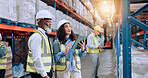 Warehouse supervisor, team and tablet for inventory, storage planning and stock inspection. Shipping, engineer and people with technology for collaboration with discussion, logistics and supply chain