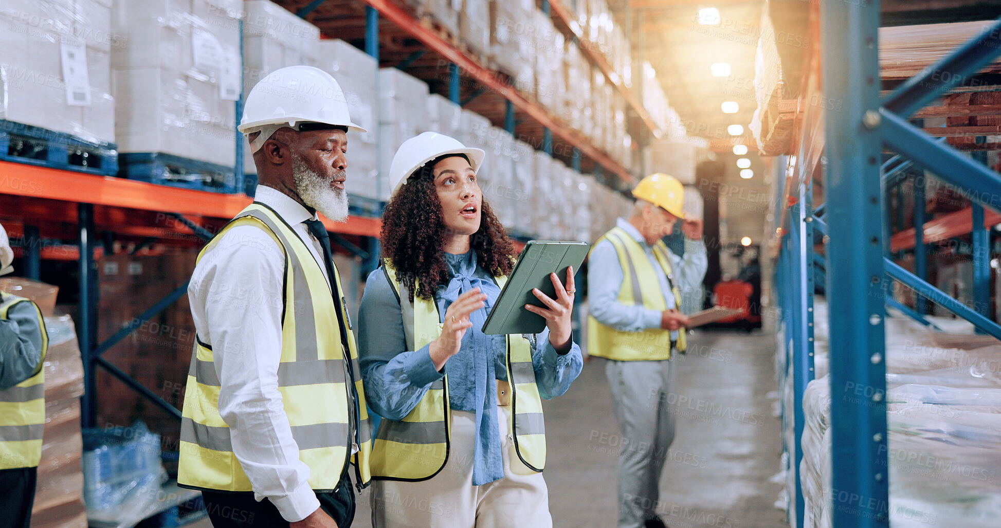 Buy stock photo Warehouse supervisor, team and tablet for inventory, storage planning and stock inspection. Shipping, engineer and people with technology for collaboration with discussion, logistics and supply chain