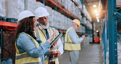 Buy stock photo Warehouse supervisor, team and tablet for logistics, storage planning and stock inspection. Shipping, engineer and people with technology for collaboration with discussion, inventory and supply chain