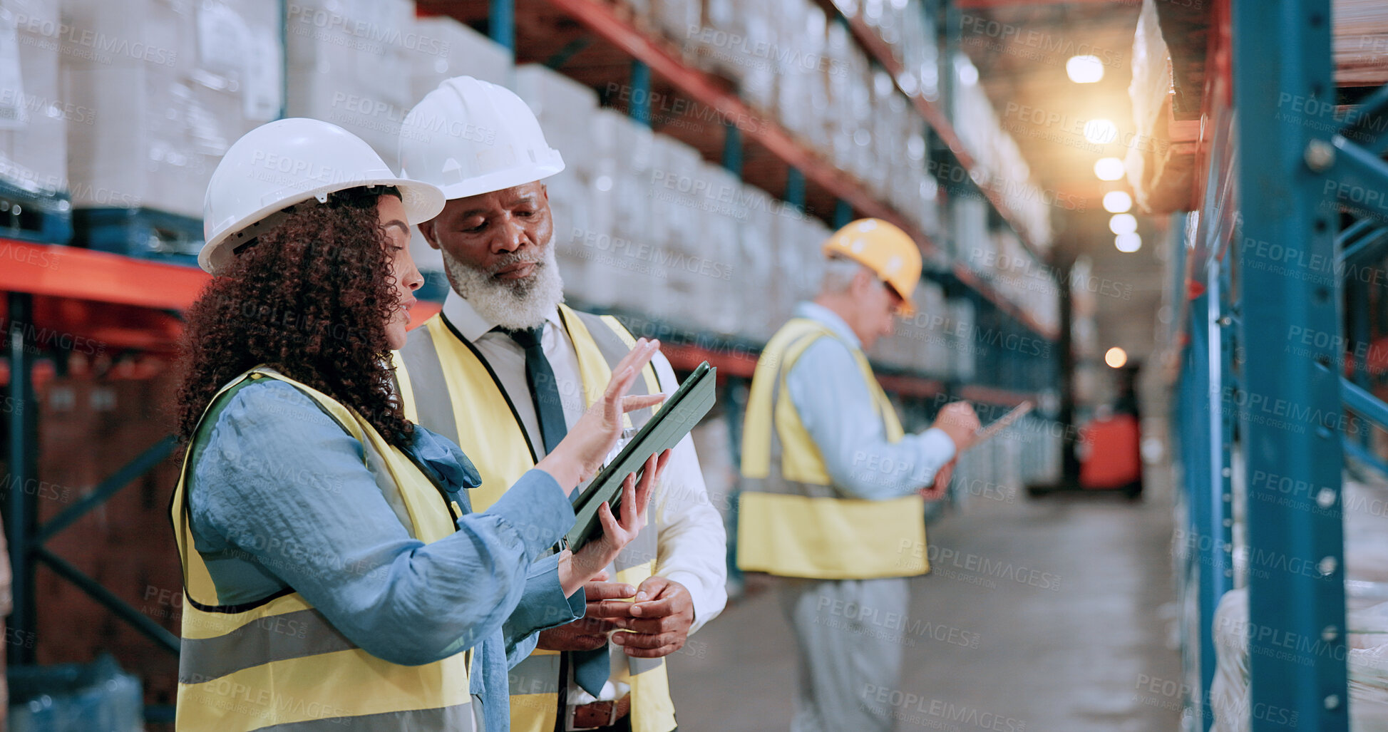Buy stock photo Warehouse supervisor, team and tablet for logistics, storage planning and stock inspection. Shipping, engineer and people with technology for collaboration with discussion, inventory and supply chain