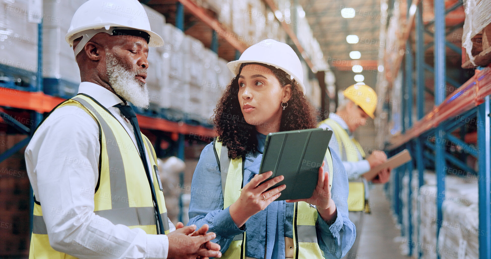 Buy stock photo Warehouse supervisor, team and tablet for distribution, planning storage and stock management. Shipping, engineer and people with technology for discussion, inventory and logistics for supply chain