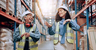 Buy stock photo Women, team and dancing for logistics, storage or smile for success with motivation, stock or support at plant. People, mentor and happy with cheers, celebration or goal for supply chain at warehouse