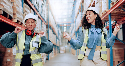 Buy stock photo Women, team and dancing for supply chain, storage or smile for success with motivation, stock or support at plant. People, mentor and happy with cheers, celebration or goal for logistics at warehouse
