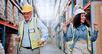 Man, woman and dancing with logistics, happy and success with motivation, team and support at warehouse. People, mentor and smile with cheers, celebration and goals for supply chain at storage plant