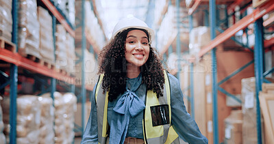 Buy stock photo Warehouse, smile and portrait of woman in logistics inventory checking boxes, shelf and stock management. Distribution, happy and plant worker in cargo storage for global export with supply chain