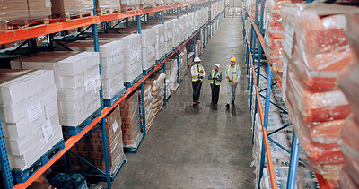 Buy stock photo Logistics, warehouse and team walking for inspection, stock inventory or management by shelves. Above industrial employees, mature people and supply chain with safety, depot or wholesale storage
