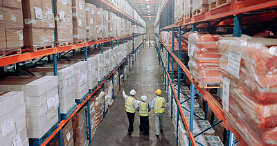 Buy stock photo Warehouse, inspection and people walking for logistics, stock inventory or pointing by shelves. Above industrial employees, distribution and supply chain with back, depot or wholesale storage