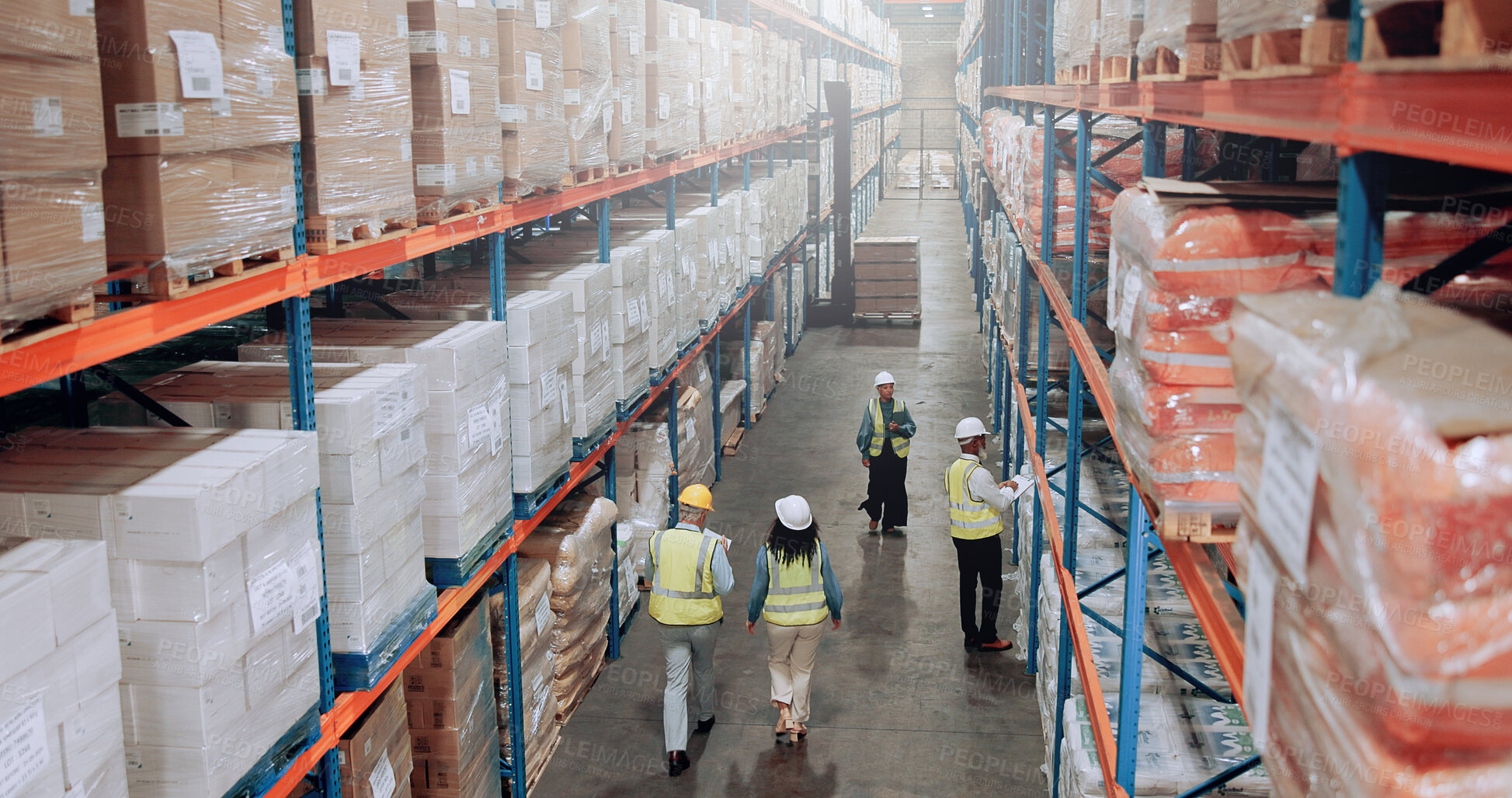 Buy stock photo Employees, warehouse and supplier stock for logistics, inventory or inspection by shelves. Above industrial people, distribution and supply chain with safety, busy depot or wholesale storage