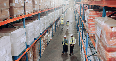 Buy stock photo People, distribution warehouse and supplier stock for logistics, inventory or inspection by shelves. Above industrial men women and walking for supply chain with safety, depot or wholesale storage