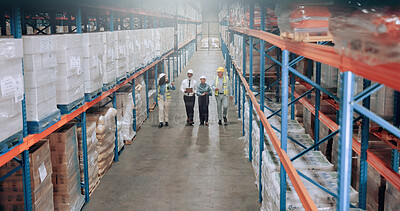 Buy stock photo Distribution warehouse, people and management team for logistics, inventory or inspection by shelves. Above industrial men, women and walking for supply chain with safety, depot or wholesale storage
