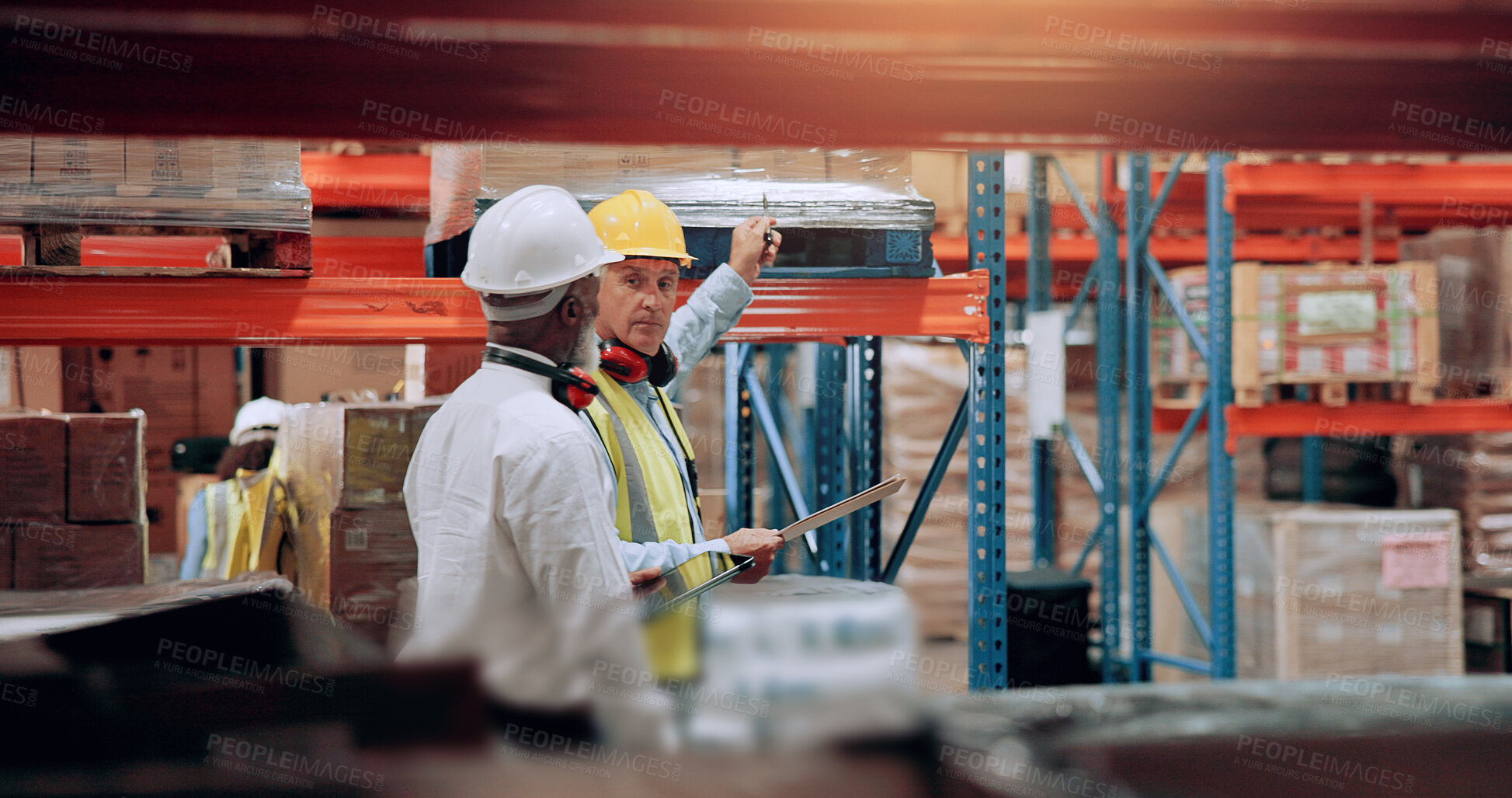 Buy stock photo Warehouse, inspection and team walking for logistics, stock inventory or pointing by shelves. Industrial employees, distribution and mature men with online database, checklist and wholesale storage