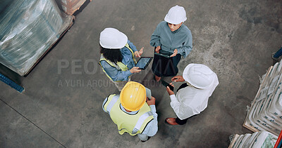Buy stock photo Group, people and circle at warehouse with tablet, above and discussion with app for logistics. Women, men and team with digital touchscreen, planning and huddle with supply chain management at plant