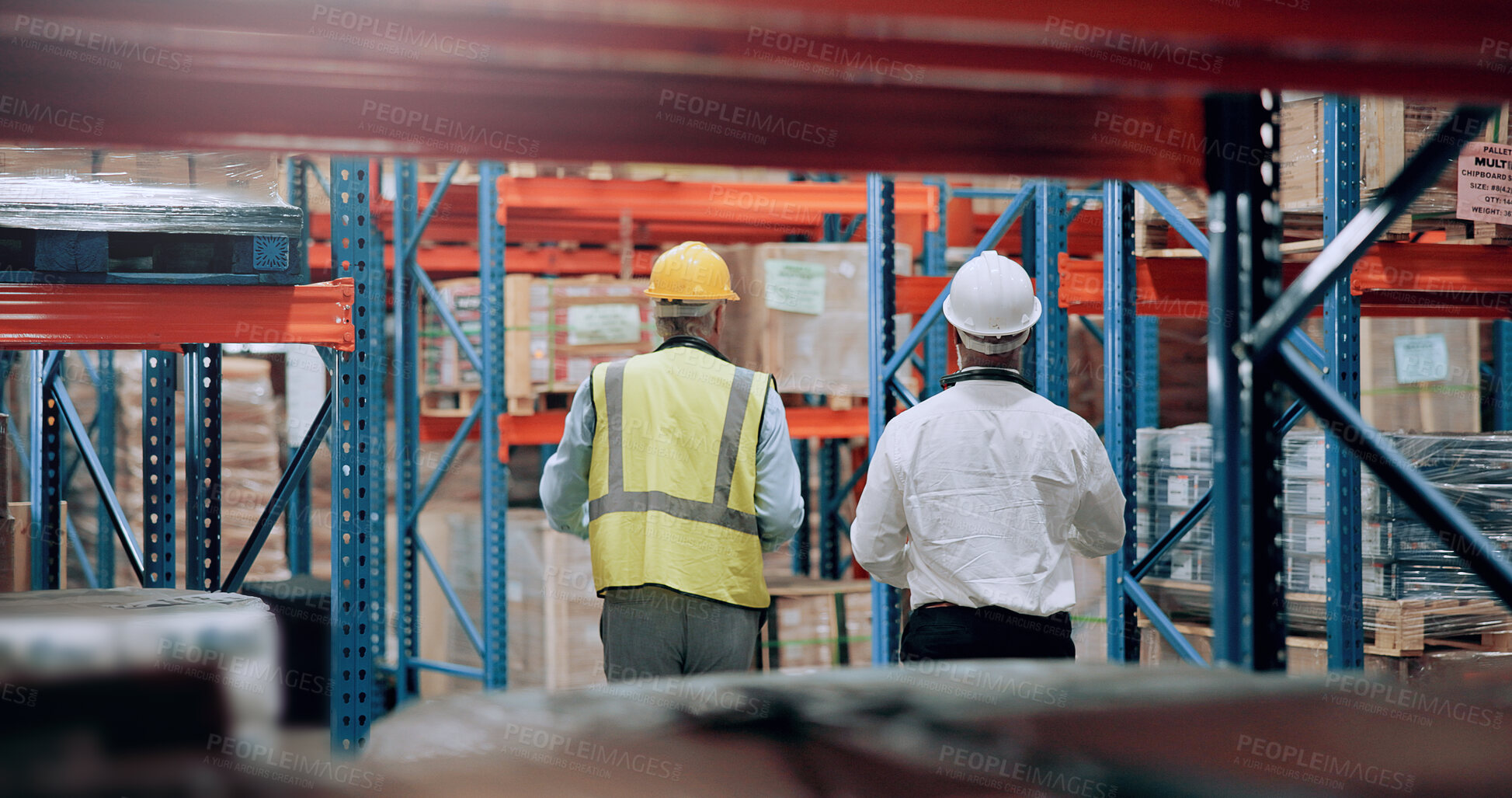 Buy stock photo Warehouse, men and team walking for logistics, stock inventory or inspection by shelves. Industrial employees, distribution and back of people for shipping cargo, wholesale storage or factory