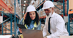 Distribution, people and teamwork in warehouse, laptop and online schedule for shipping. Employees, logistics and meeting with safety, stock or tablet for email, industry and checklist with inventory