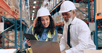 Buy stock photo Distribution, people and teamwork in warehouse, laptop and online schedule for shipping. Employees, logistics and meeting with safety, stock or tablet for email, industry and checklist with inventory