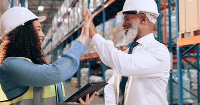 Buy stock photo Man, woman and high five for logistics at warehouse, smile and success with motivation, team and tablet. People, mentor and happy with cheers, celebration and goals for supply chain at storage plant