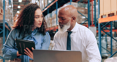 Buy stock photo Distribution, people and tablet in warehouse, laptop and online schedule for shipping. Employees, logistics and meeting with checklist, quality control or tech for email, app and inventory management