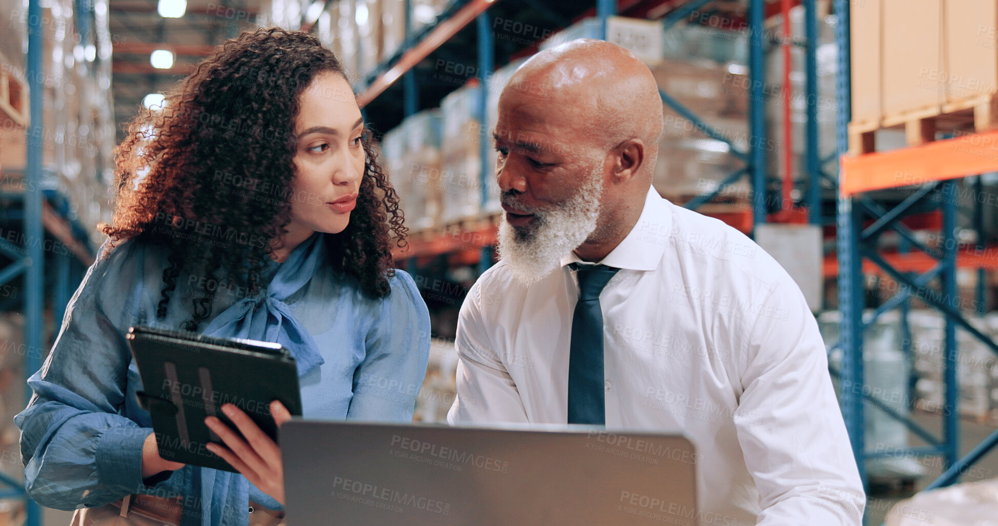 Buy stock photo Distribution, people and tablet in warehouse, laptop and online schedule for shipping. Employees, logistics and meeting with checklist, quality control or tech for email, app and inventory management