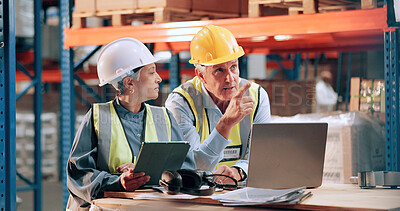 Buy stock photo Distribution, people and teamwork with tablet, pointing and online with quality assurance. Employees, logistics and meeting with inspection, stock or laptop for email, industry and checklist backlog
