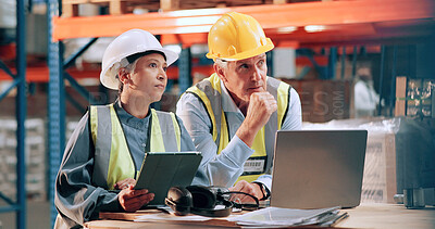 Buy stock photo Distribution, people or inspection in warehouse, laptop or online schedule for supply chain. Employees, quality control or planning with safety, stock compliance or tablet with checklist or inventory