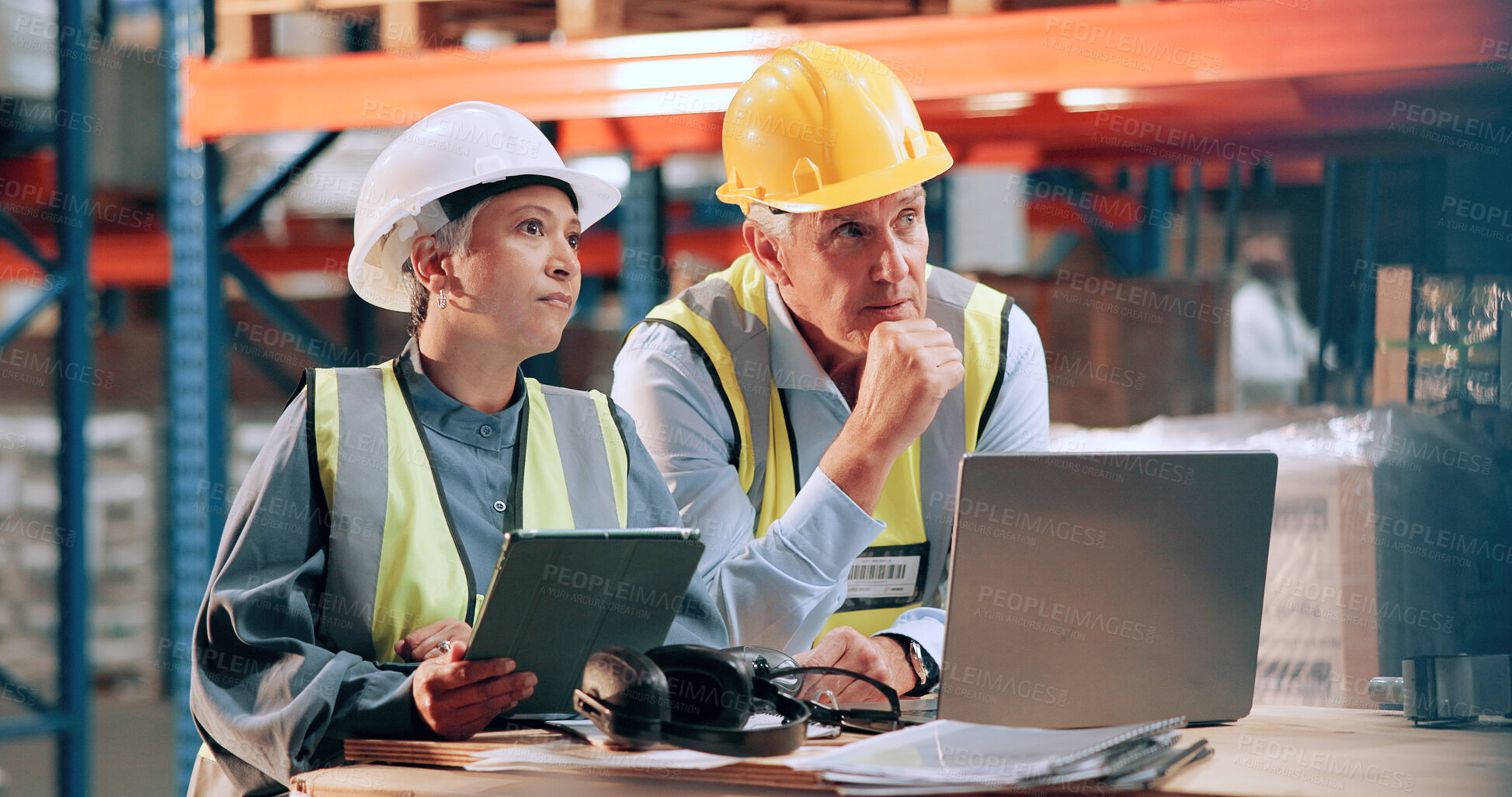 Buy stock photo Distribution, people or inspection in warehouse, laptop or online schedule for supply chain. Employees, quality control or planning with safety, stock compliance or tablet with checklist or inventory