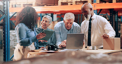Buy stock photo Distribution, people and conversation in warehouse, laptop or online schedule for shipping. Employees, quality control or meeting with inspection, export or tablet for email, cooperation or checklist