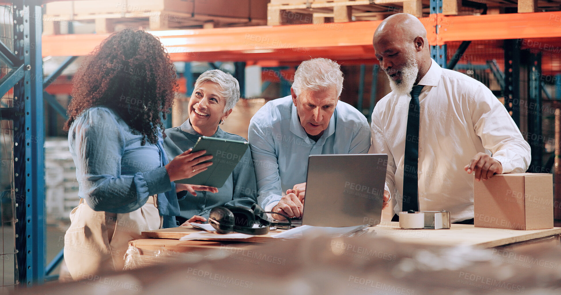 Buy stock photo Distribution, people and conversation in warehouse, laptop or online schedule for shipping. Employees, quality control or meeting with inspection, export or tablet for email, cooperation or checklist