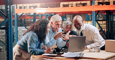 Buy stock photo Team, laptop and excited in warehouse for logistics, business meeting and good news. People, computer or happy in storage for supply chain win, new export agreement and sales record for distribution