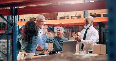 Buy stock photo Logistics, laptop and high five with people in warehouse for shipping success, delivery or global trade deal. Supply chain, distribution center and achievement with employees in factory for good news