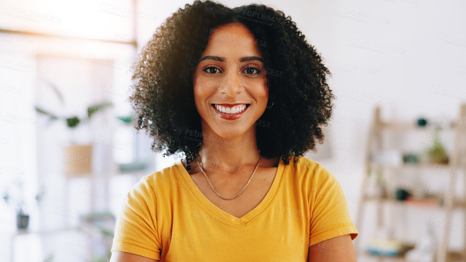 Buy stock photo Smile, confident and portrait of woman in new home for calm, peace and break on weekend with relax. Happy, morning and face of female person from Colombia with pride for ownership at apartment.