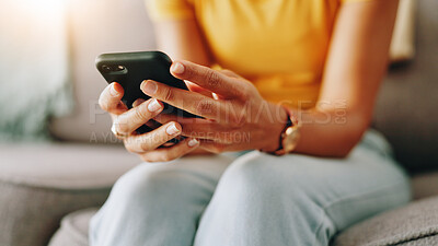 Buy stock photo Typing, home and hands of person with phone for connection, social media and networking. Living room, closeup and girl on smartphone for website search, internet and communication for online chat