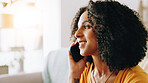 Woman, happy and phone call in home for contact, communication and connection for gossip. Girl, thinking and tech in living room space for social network, friendly conversation and relax in apartment